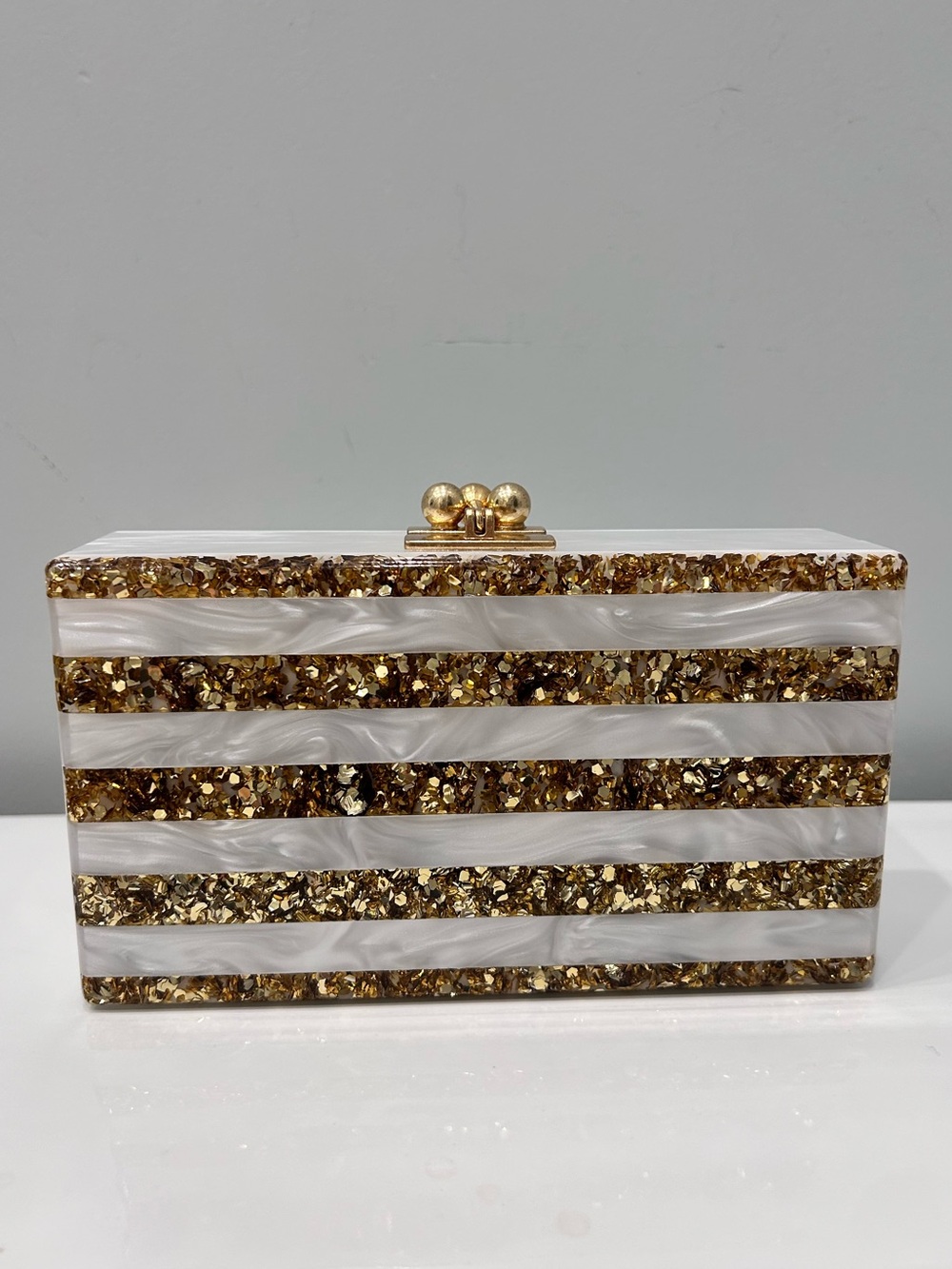 Edie Parker Acrylic Box Clutch in Pearly White Marble & Gold Glitter Stripes